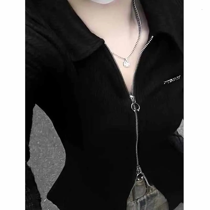Lucyever Autumn Black T Shirts Women Y2K Streetwear Zipper Crop Tops Woman Sexy Slim Turn Down Collar Long Sleeve Tees Lady 241018