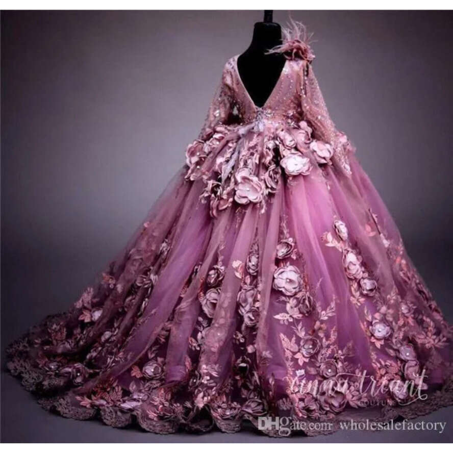Ral Applique 3D Plum Ball Gown Girl Dresses Sheer Long Sleeve Appliques Or Length Kids Toddler Pageant Gowns Bc1952 s s
