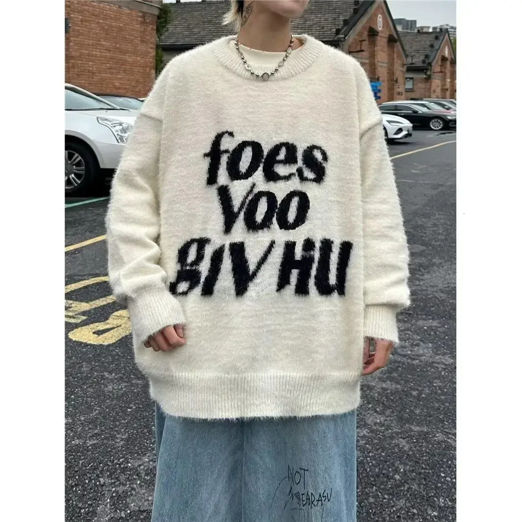 Trendy American Style Knitted Sweater For Men Loose Fit Casual Crew Neck Top Autumnwinter Letter Printed Pullovers 241018