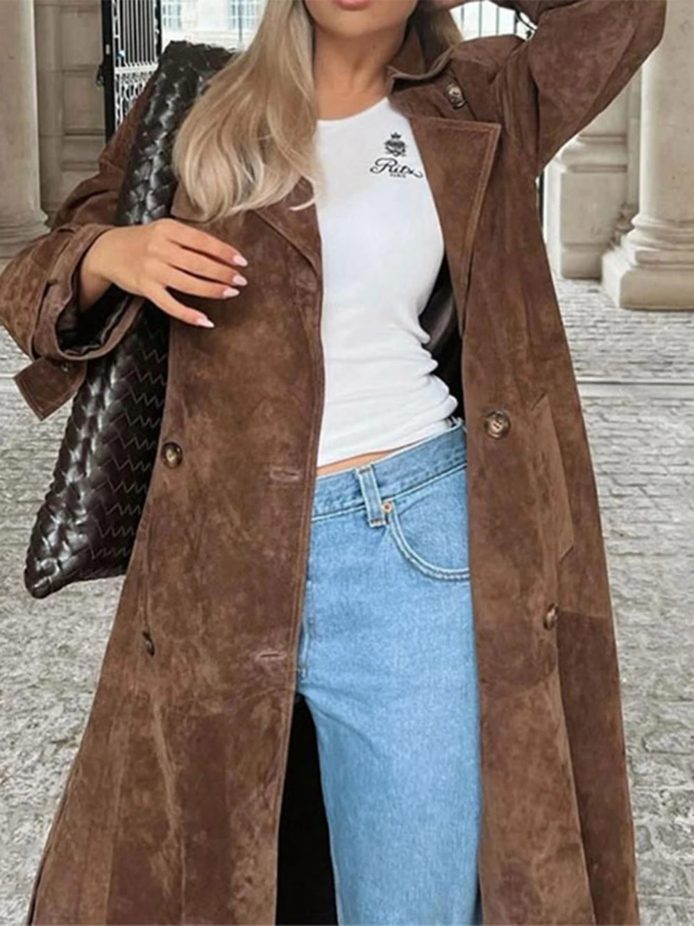 Elegant Suede Leather Belt Long Windbreaker Coat Fashion Double Button Lapel Oversize Jacket Autumn High Quality Streetwear 241018