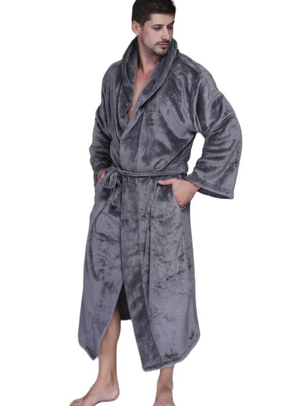 2025 Men Winter Warm Plus Size Hooded Long Flannel Fleece Bathrobe Male Kimono Bath Cozy Robes Night Sleepwear Dressing GownXJ241018