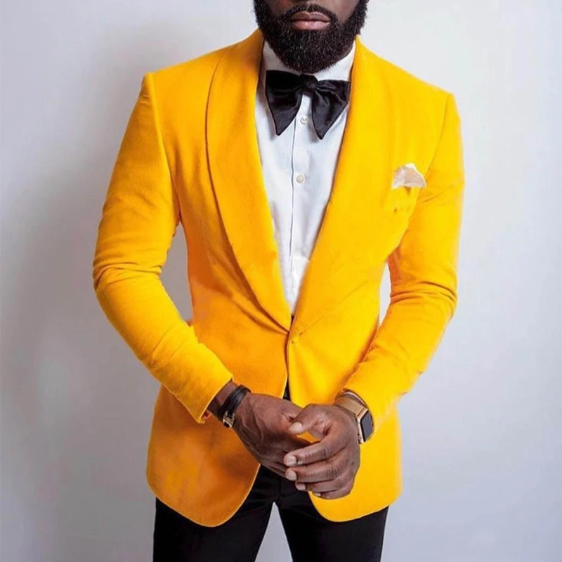 Yellow Velvet Suits for Mens Prom Slim Fit Terno Wedding Groom Tuxedo 2 Piece Blazer with Black Pants Male Fashion Costume