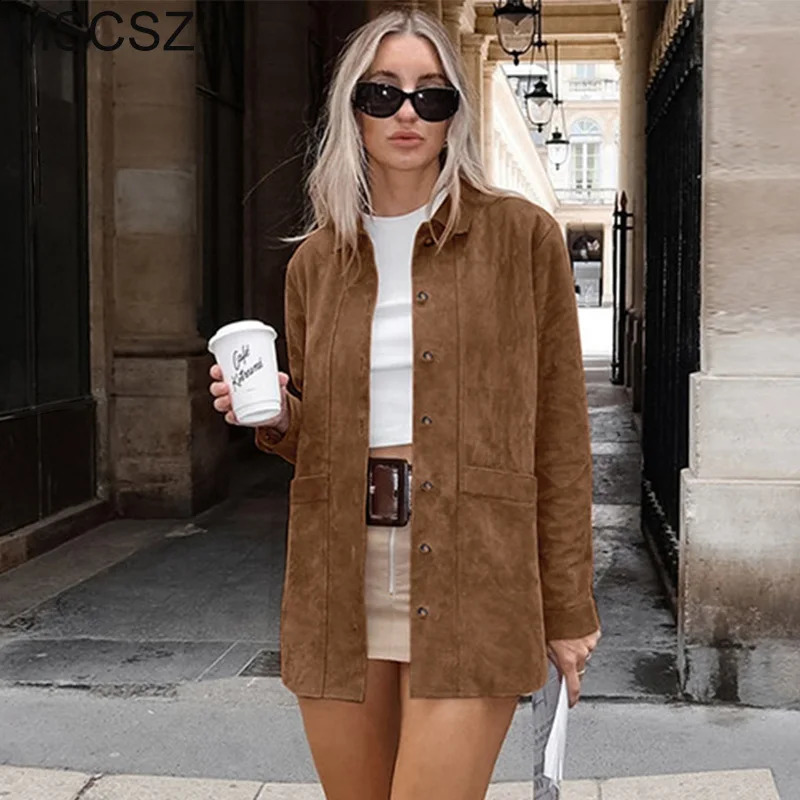 MSCSZ Brown Suede Jacket Women Long Sleeve Button Up Shirt Jacket Vintage Windbreaker Jacket Autumn Winter Coat Woman 2024 241017