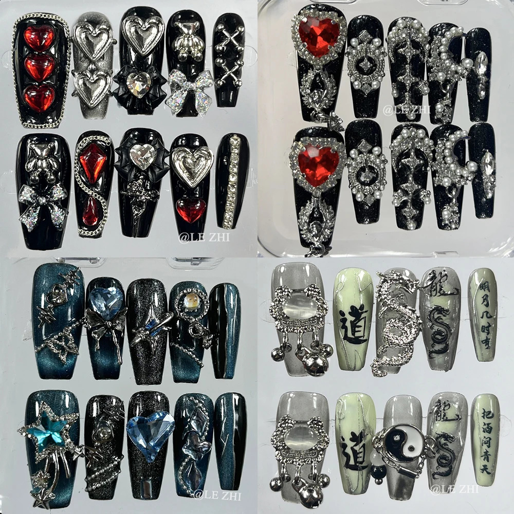 Fashion Dark Wind Wearable Press on Nails Retro Style Rhinestones Detachable Reusable Full Cover Nail Tips 241017
