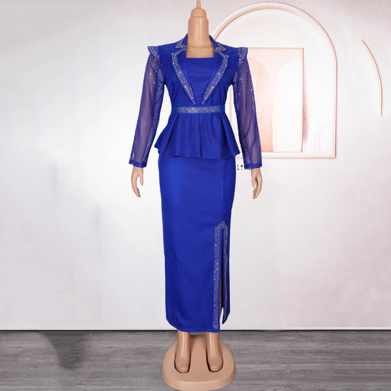 African Womens Elegant 2024 Square Collar Diamond Full Sleeve Waist Belt Side Split Floor Length Birthday Dress 241017