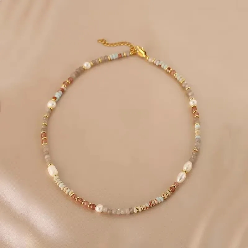 Minar Boho multi-color natural stone crystal freshwater pearl bead necklace suitable for women 14K pure gold copper plated necklace 241018