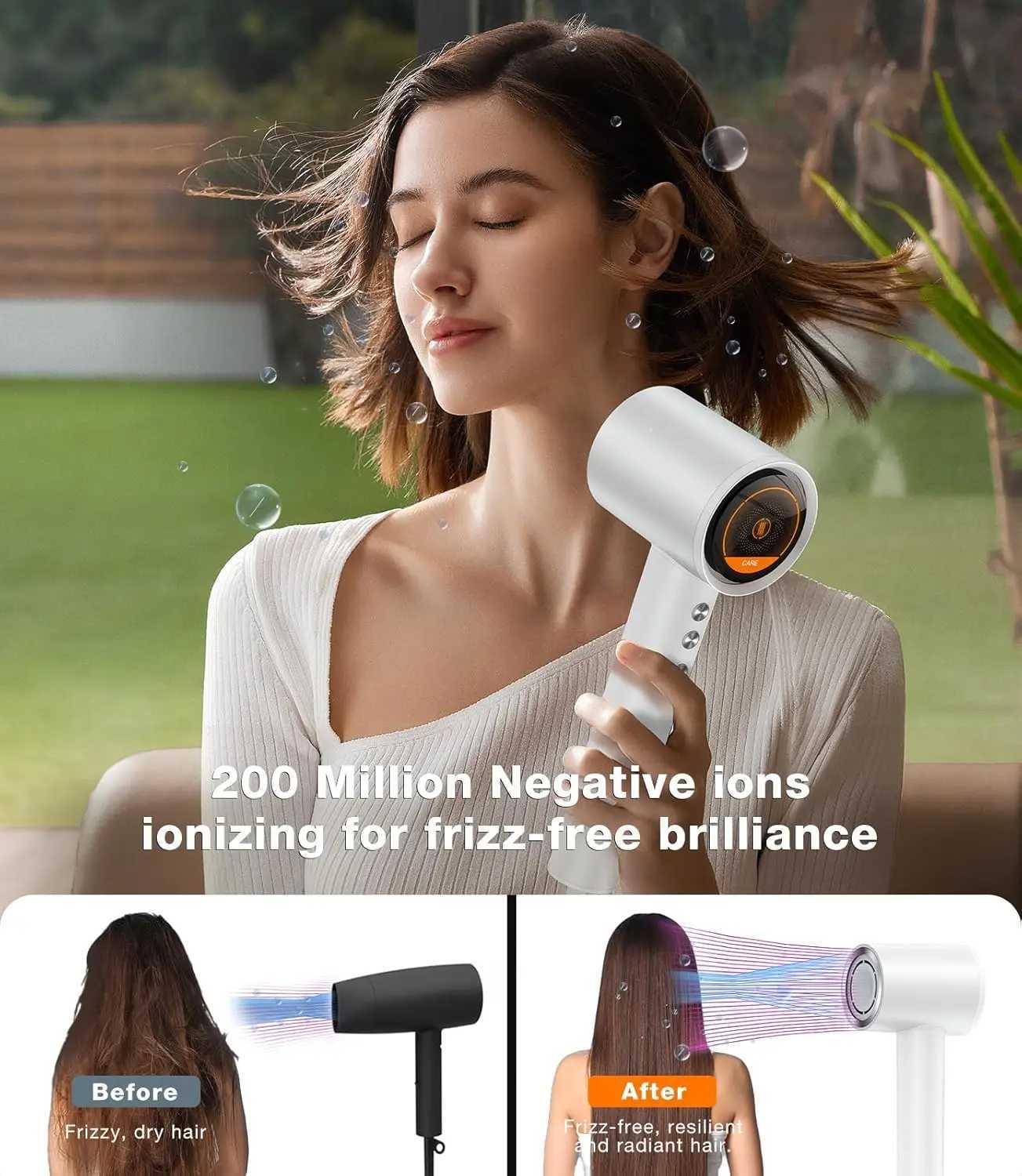 High speed hair dryer Arctic White 1600W hair care mode 200 million ion technology 3-speed and 3-speed thermal levels W241018