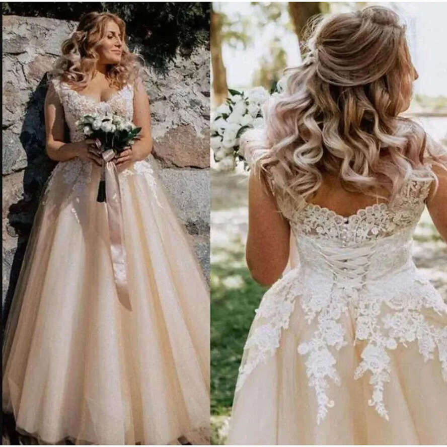 E A Garden Champagne Country Wedding Dress Up Back V Neck Lace Appliques Bridal Gowns Plus Size Vestido De Novia Ppliques Estido ppliques estido stido