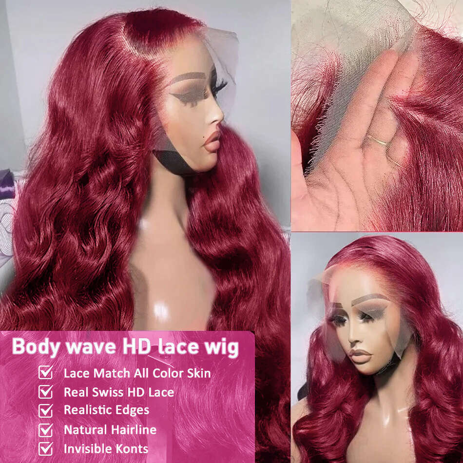 30 32 Inch 99J Bury 13x6 Frontal Wigs Red Colored Body Wave 13x4 HD Transparent Lace Front Human Hair Wig For Women