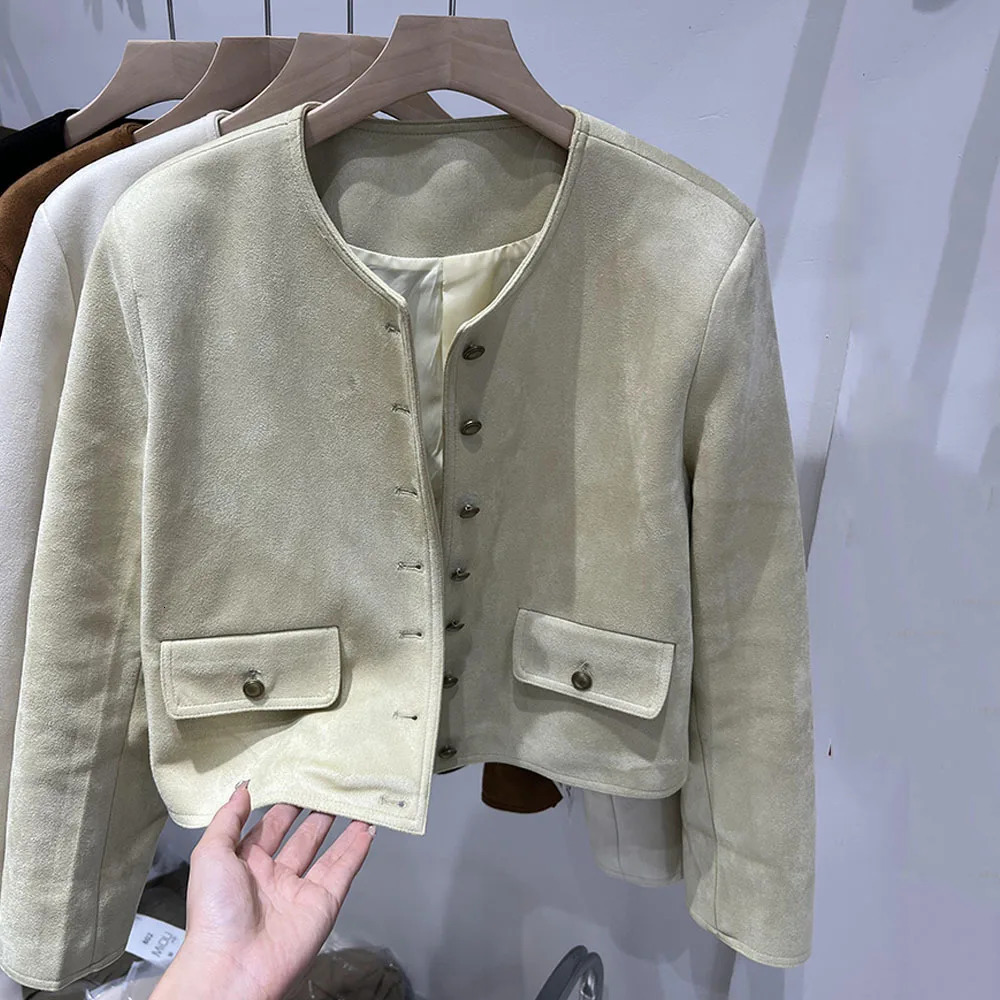 Spring Jacket Ladies French Small Fragrant Wind Suede Short Coat Womens Round Neck Solid Color Casual Tops Autumn Outwear 241018