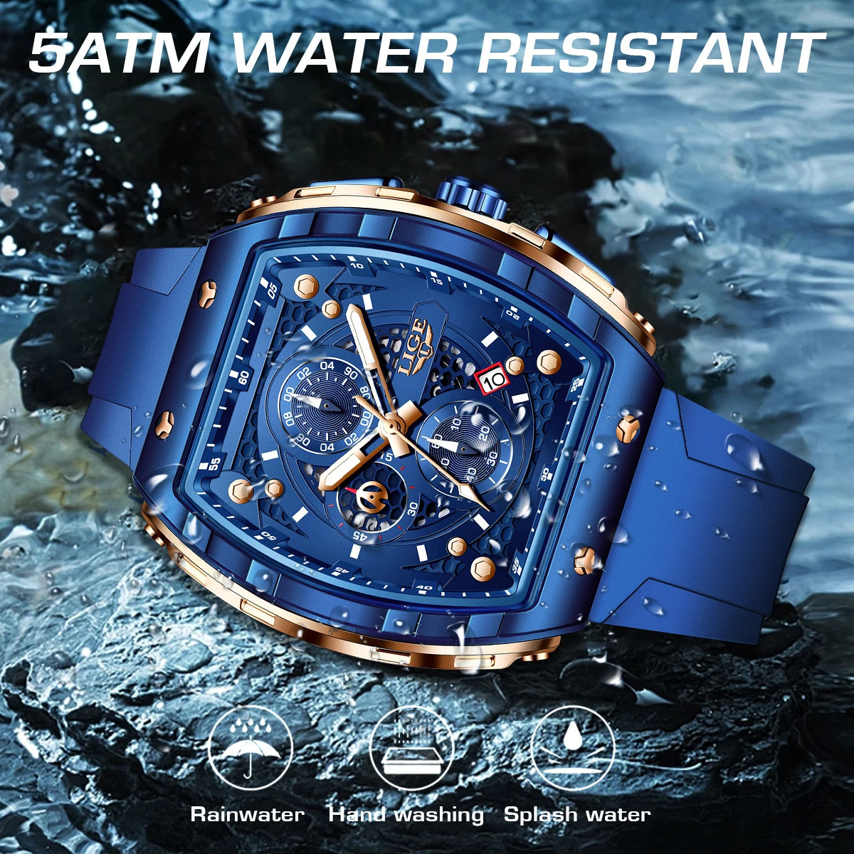LIGE Mens Watch Top y Square Silicone Fashion Military Quartz Waterproof Timing Relogio Masculino 241009