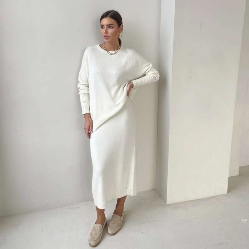 Hirsionsan Soft Vintage Lace Up Women Suits 2 Pieces Female Sets With Belt V Neck Cardigan & Midi Dress Ladies Knitted Tracuit