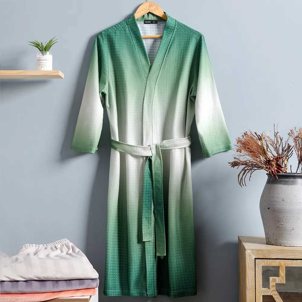 Gradient Men Waffle Robe Soft Kimono Gown Sleepwear Loose Bathrobe Gown Male Casual Nightwear Oversize Home ClothesXJ241018