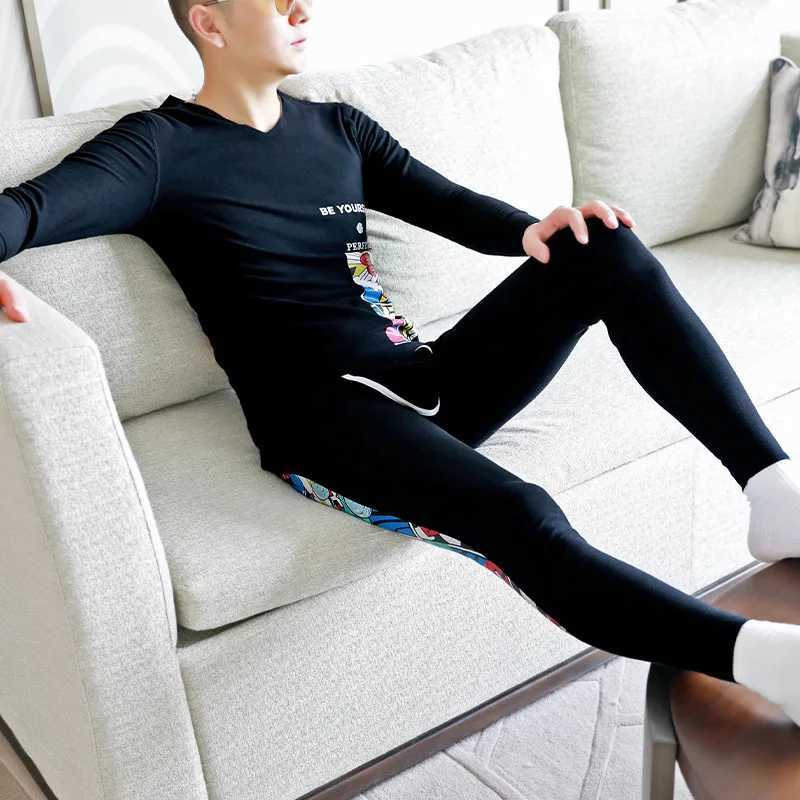 Mens Thermal Underwear Mens hot underwear set suitable for young thin personalized big M printed teeth German velvet autumn chloroprene underwear the 