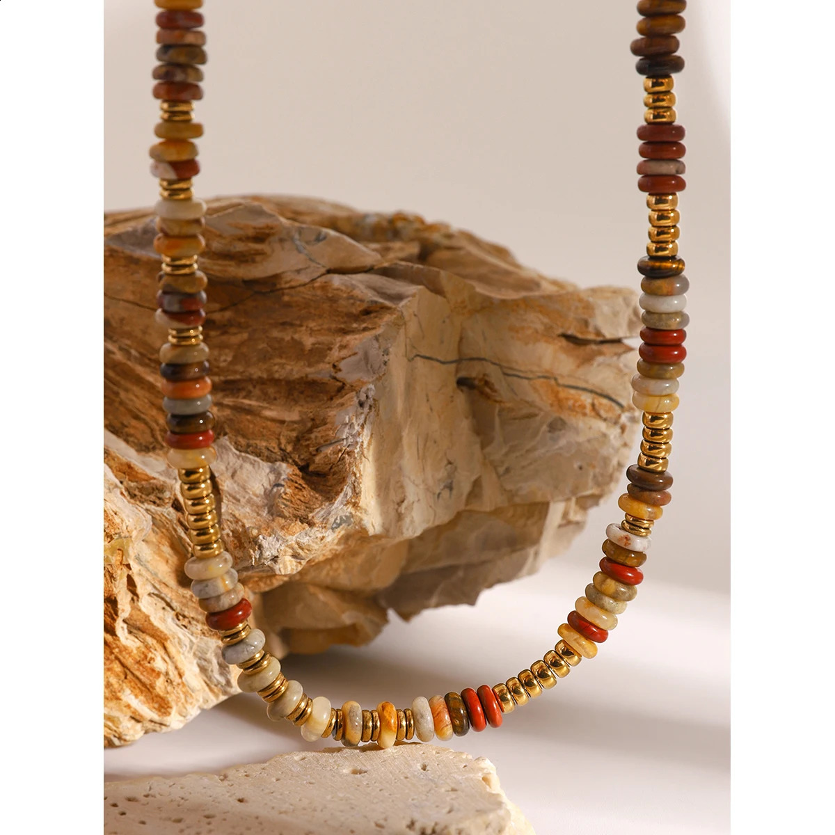 Uworld colorful natural stone semi stainless steel bead waterproof handmade necklace suitable for womens fashion treatment jewelry 241017