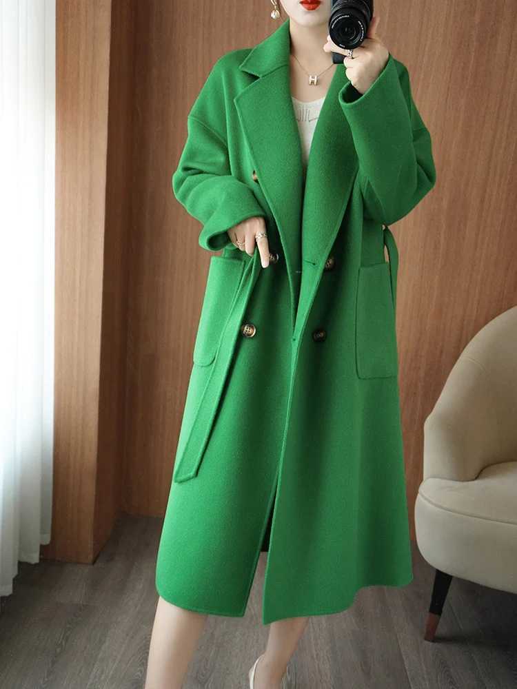 Autumn and Winter New Womens Coat Double-Sided Woolen 100% Pure Wool Waist-Tight Hand-Stitched Fashionable Elegant Womens CoatX241009