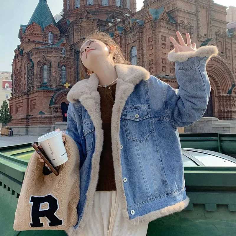 Korean Fashion Warm Lambwool Jean Jackets Women 2024 Thicken Plus Velvet Winter Outwear Casual Fleece Lined Oversized Denim CoatX241018