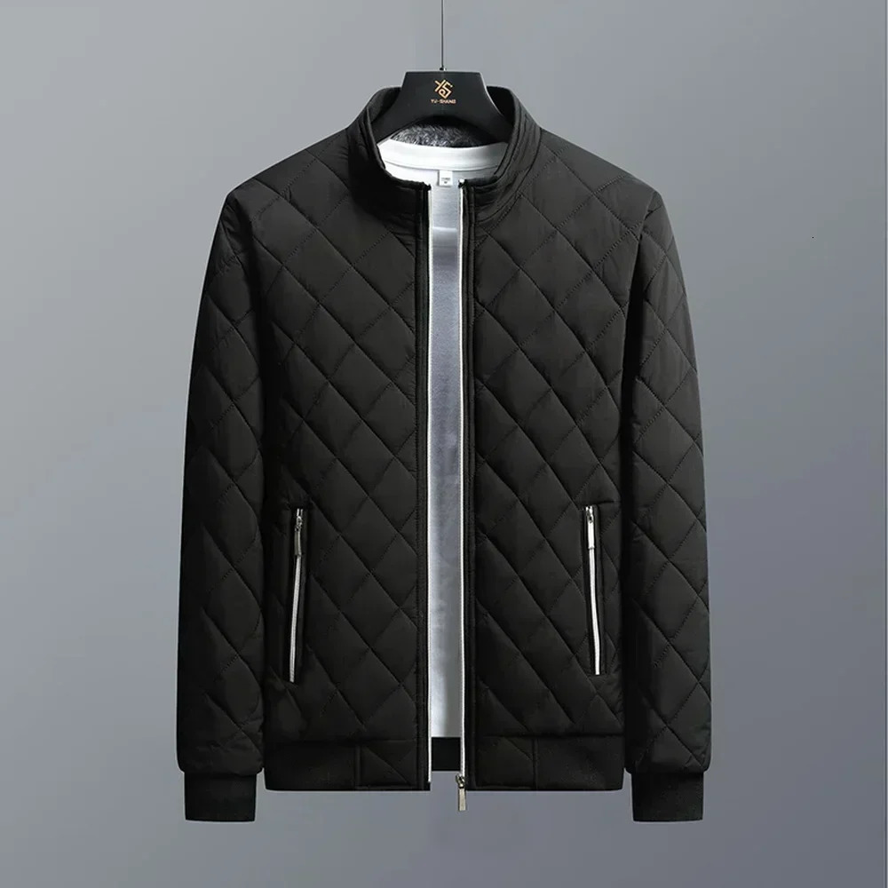Slim Fit Coat Autumn Winter Bomber Jacket Men Diamond Pattern Fleece Lined Casual Fashion Clothing 241018