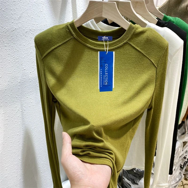 Womens Tshirt Long Sleeve Thin Soft O Neck Autumn Blouse Solid Color Green Fashion Elasticity Slim Shirts for Women 241018