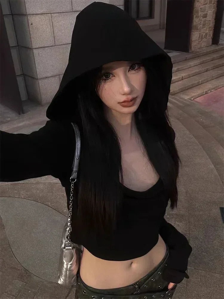 Gothic Black Tshirts for Women Y2k Crop Tops Shirts 2024 Summer Hooded Long Sleeve Tees Korean Fashion Casual Sexy T Shirt 241010