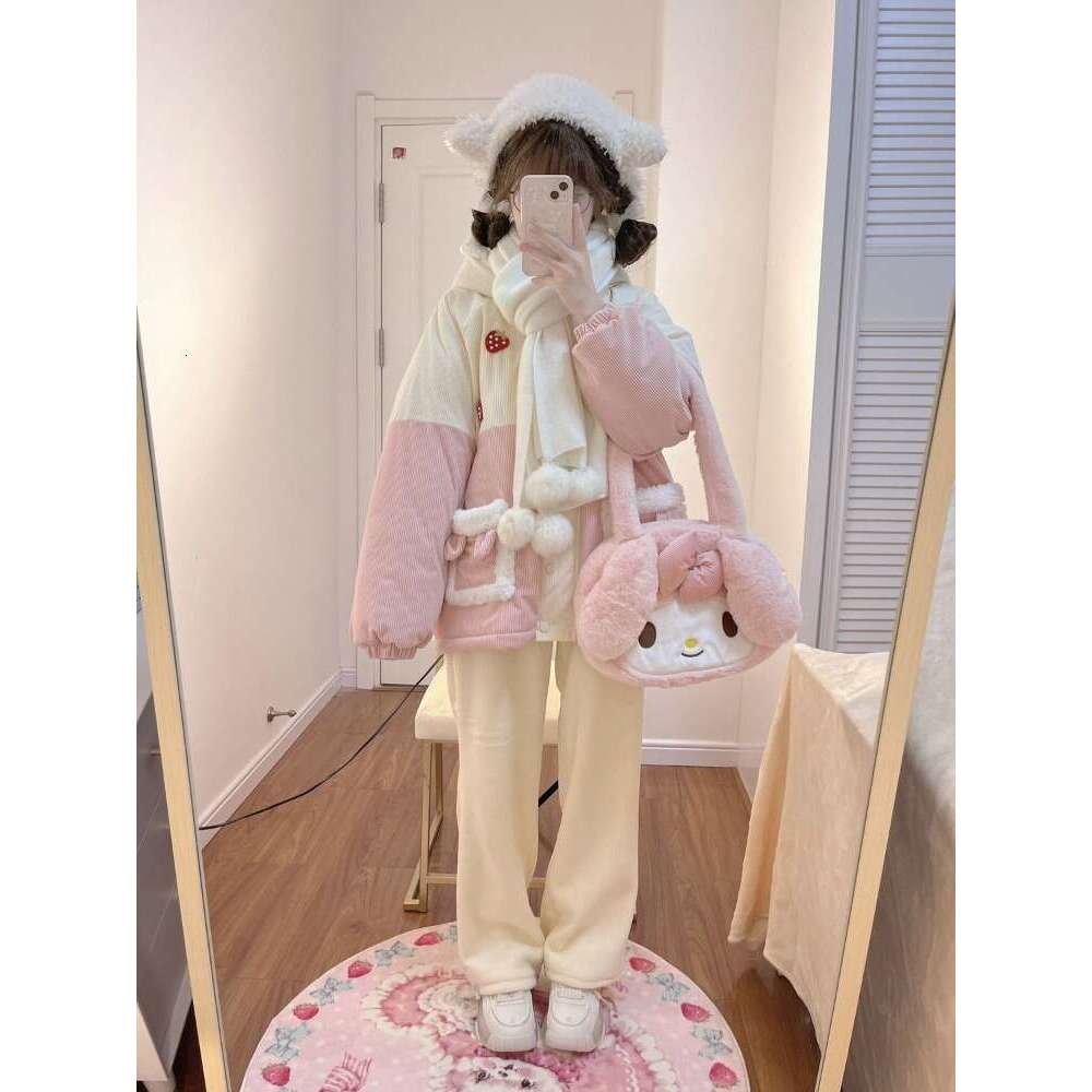 Japanese Sweet Corduroy Parkas Jacket Women Kawaii Y2k Strawberry Embroidery Hooded Outwear Female Autumn Winter Plush Warm Coat