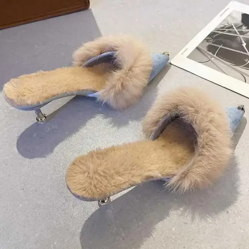 Fur Slippers Mules Pointed Toe Elegant High Heels Shoes Womens Autumn New Furry slipper Slides Flip ps Office Work Ytmtloy IndoorL464