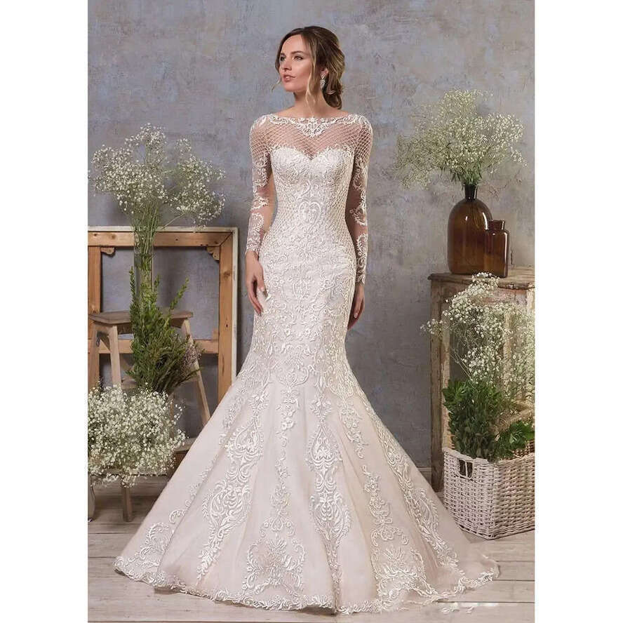 With Mermaid Elegant Lace Sleeve Dress Long Backless Tulle Applique Detachable Train Formal Ocn Custom Made Or Length