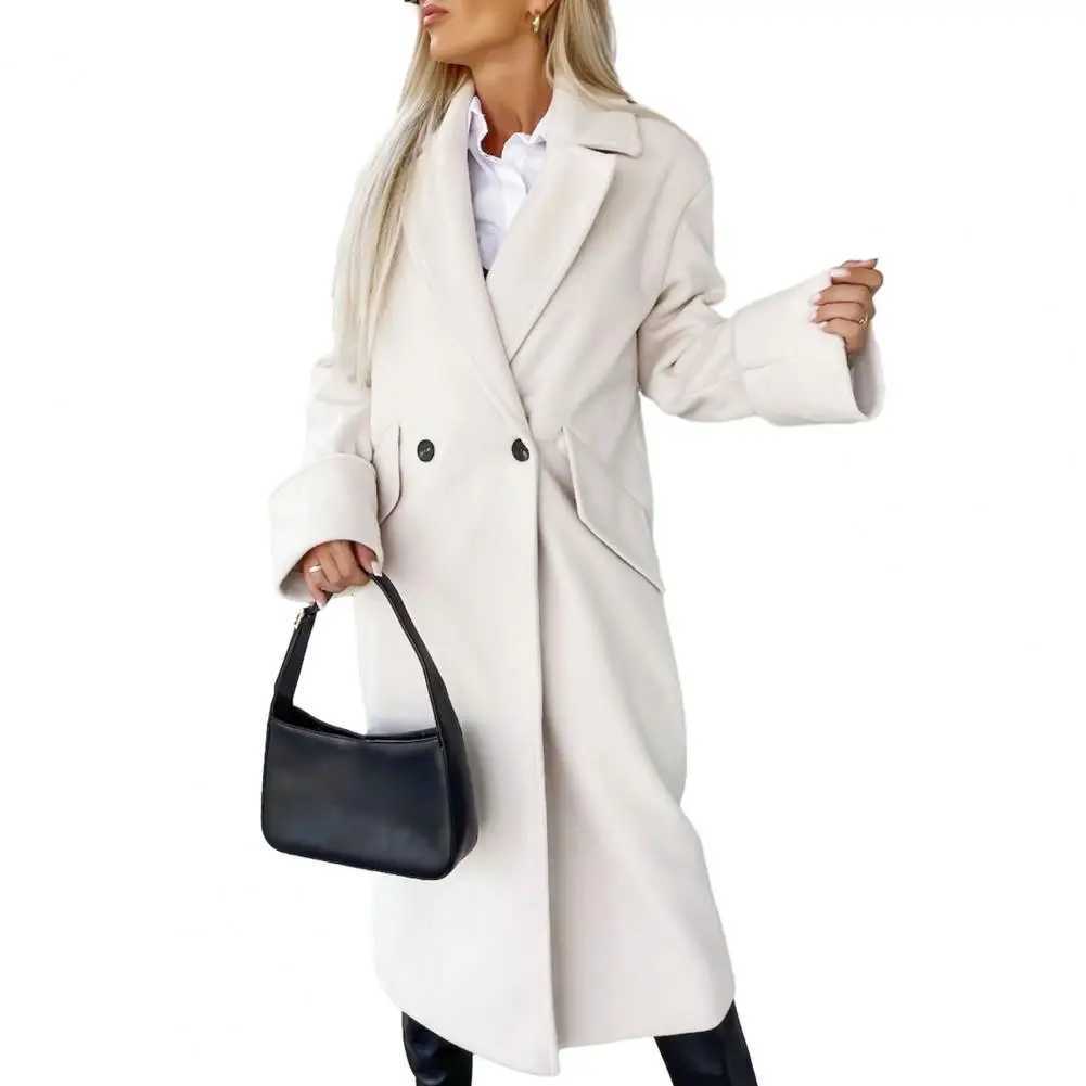 Fall Winter Woman Overcoat Solid Color Double-breasted Straight Woolen Coat Long Sleeve Thick Mid Length Lapel OL Commute CoatX241009