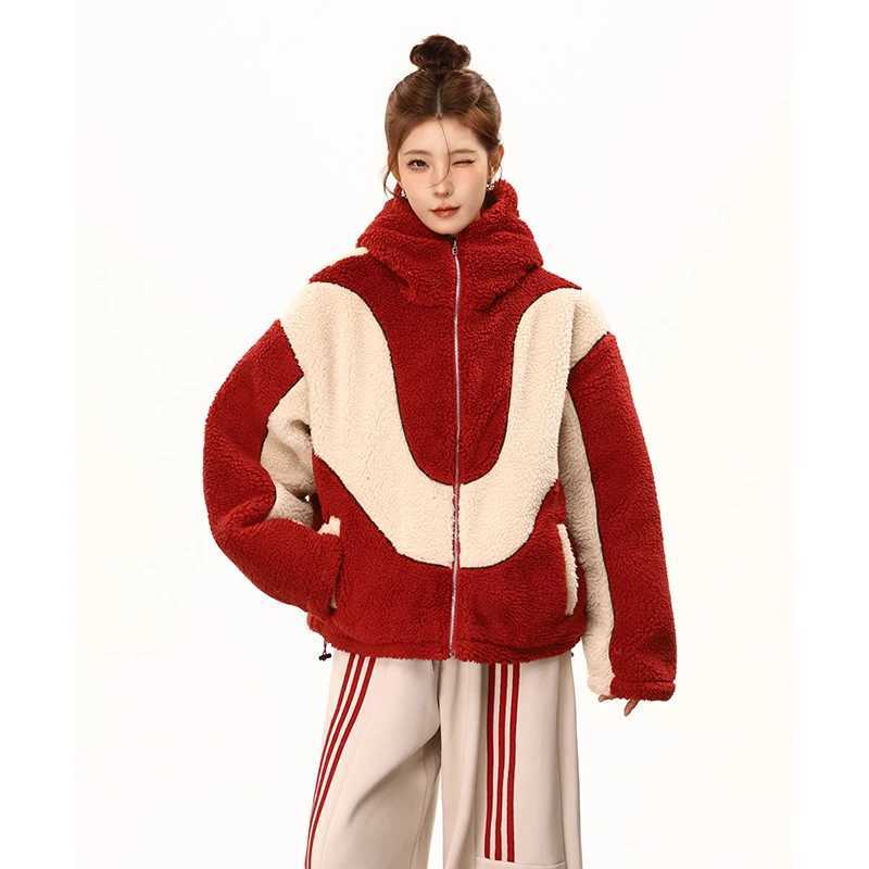 Autumn Winter Lamb Wool Jacket Women Fashion Thickened Padded Hooded Outwear Loose Casual Zipper Long Sleeve Female CoatsX241018