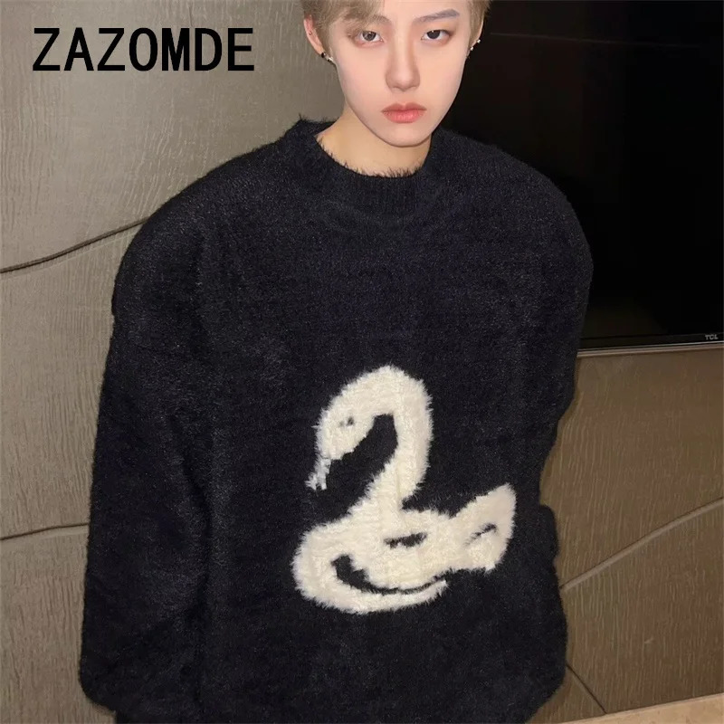 ZAZOMDE Y2k Gothic Print Man And Women Sweater Oversized Harajuku Korean Fashion Knitted Pullovers Snake Autumn Warm Streetwear 241018