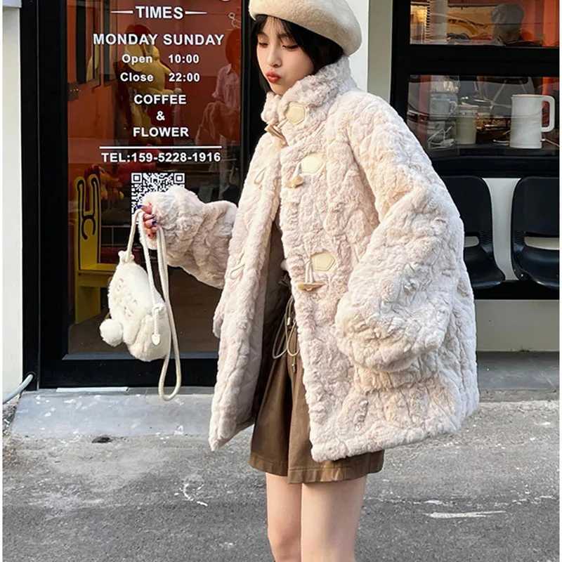 Winter Lamb Wool Coat Womens Korean New Faux Rabbit Velvet Corner Buckle Furry Outercoat Long Sleeve Warm Fur Jacket Female TopX241018