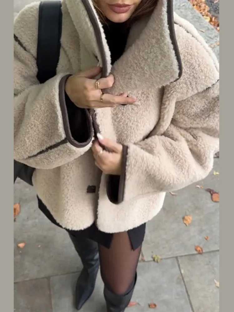 Lamb Wool Spliced Leather Buttons Womens Jacket Elegant Lapel Long Sleeve Warm Coats Winter Lady Chic Street Commute OuterwearX241018
