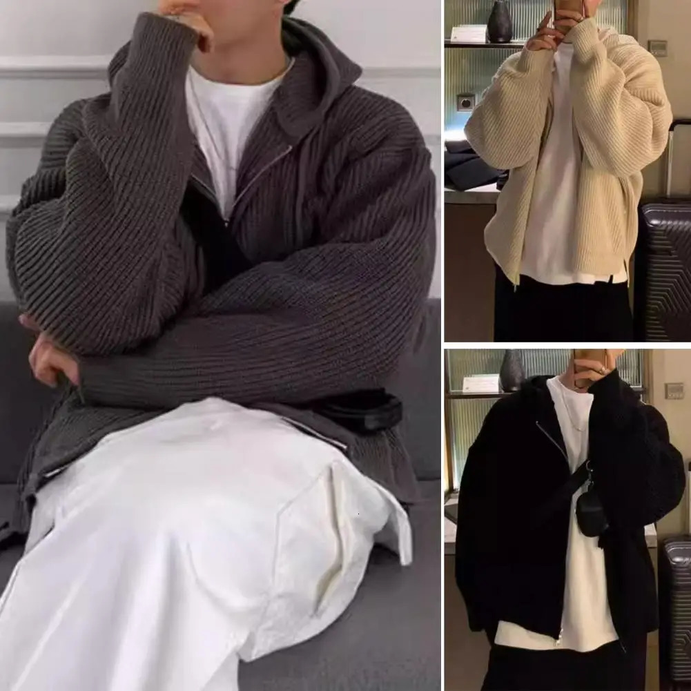 Men Fall Winter Sweater Coat Hooded Drawstring Loose Zipper Closure Long Sleeves Retro Knitted Jacket 241018