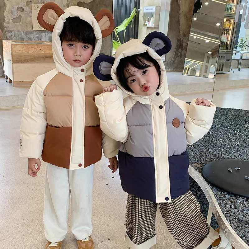 Boys and girls winter jacket new fashion thick patchwork childrens coat big ears hooded childrens cotton padded jacket M241018