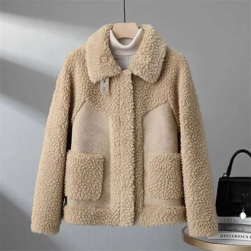 Winter Short Lambswool Coat Women 2023 New Fashion Granular Shearling Jacket Turndown Collar Pocket Zipper Outerwear FemaleX241018