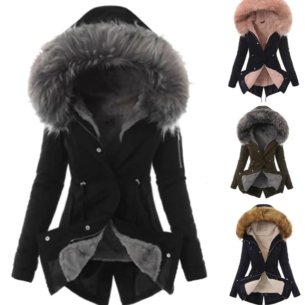 Warm Winter Women Faux Fur Hooded Cotton Down Jacket Casual Outwear Long Overcoat 241018