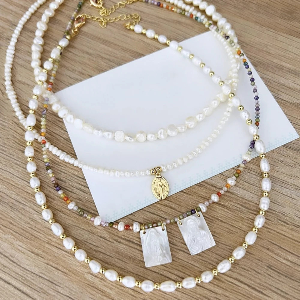 Natural Freshwater Pearl Holy Jesus Virgin Mary Pendant Necklace Handmade Colored Crystal Bead Necklace Mothers Day Gift 241018