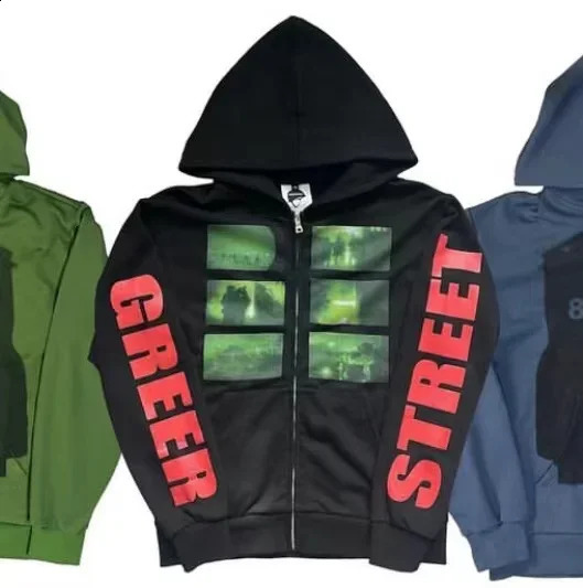 American retro hoodie Y2K letter print casual oversized gothic zipper loose sweatshirt for street wear 241017