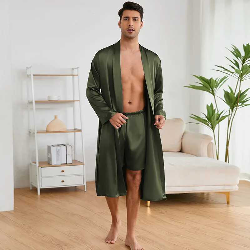 Solid Color Simple Homewear Mens Sleepwear Silk Satin Robe Shorts Pajamas Suit Spring Autumn Long Sleeved Bathrobe NightgownXJ241018