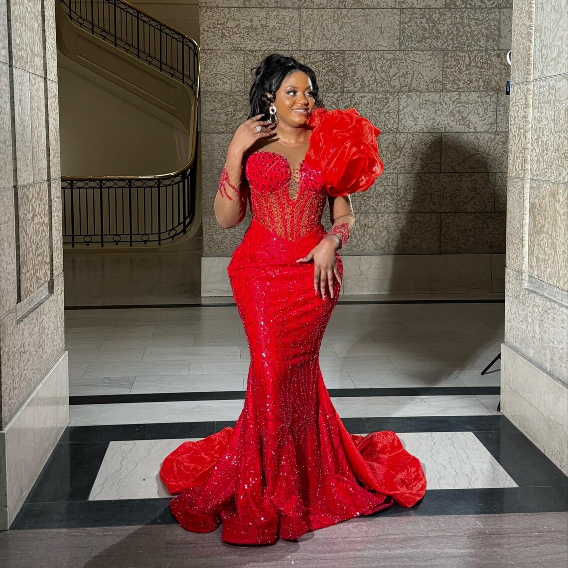 Glitter Beaded Lace African Prom Reception Dress Asoebi Red Mermaid Formal Party Dresses With Ruffled Wer Black Women Gown 6660312