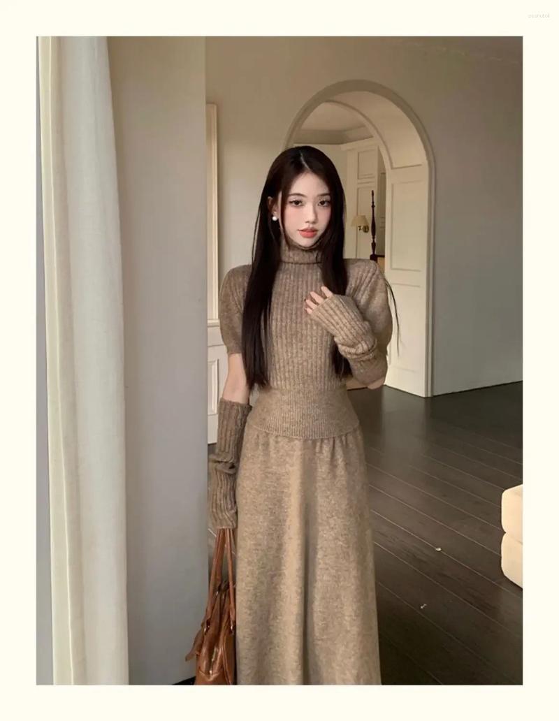Two Piece Dress French Elegant Knitted Skirt Suits Vintage Autumn Winter Women High Neck Pullover Sweater Tops With Waiste Long Skirts Set B4