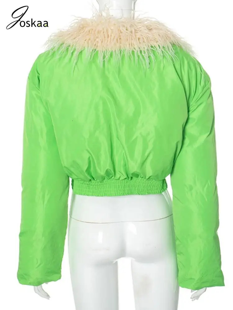 Joskaa Fashion Fur Collar Full Sleeve Crop Parkas Women Clothing Winter Casual Short CottonPadded Jackets Outerwear Streetwear 241018