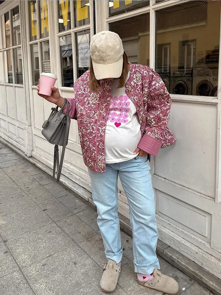 Chic Floral Printed Womens Cotton Jackets Elegant Single Breasted Stand Collar Casual Coats Fall Winter Female Quilting Outwear 241018