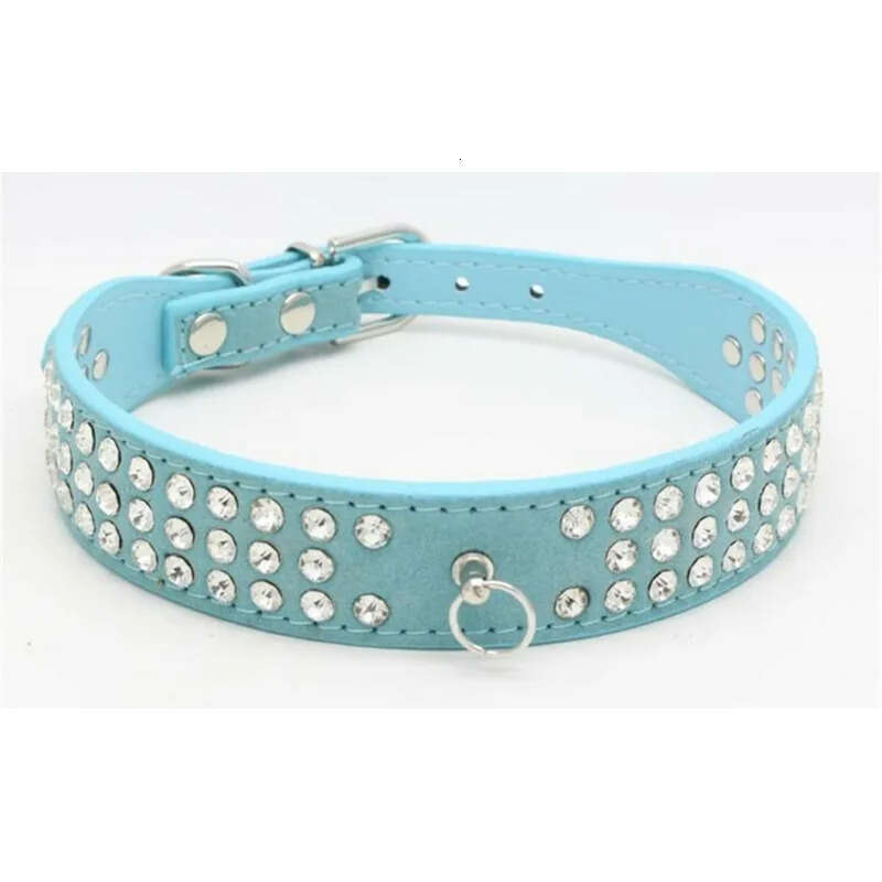 Jeweled Personalized Suede Length Rhies Skin Pet Collars Three Rows Sparkly Crystal Dias Studded Puppy Dog Collar
