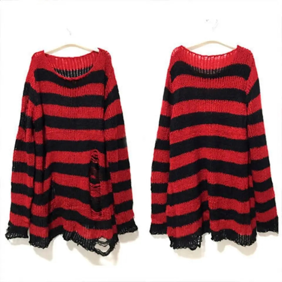 Goth Punk Gothic Sweater Oversized Pullover Striped Cool Hollow Out Hole Broken Jumper Harajuku Aesthetics 241009
