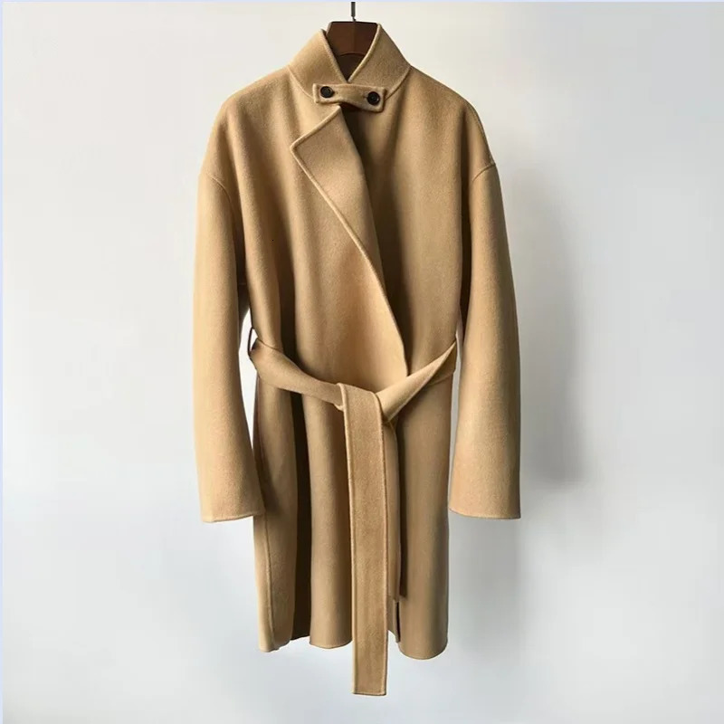 Heavy duty woolen fabric from Sweden niche stand up collar without buckle waistband mid length coat jacket 241018