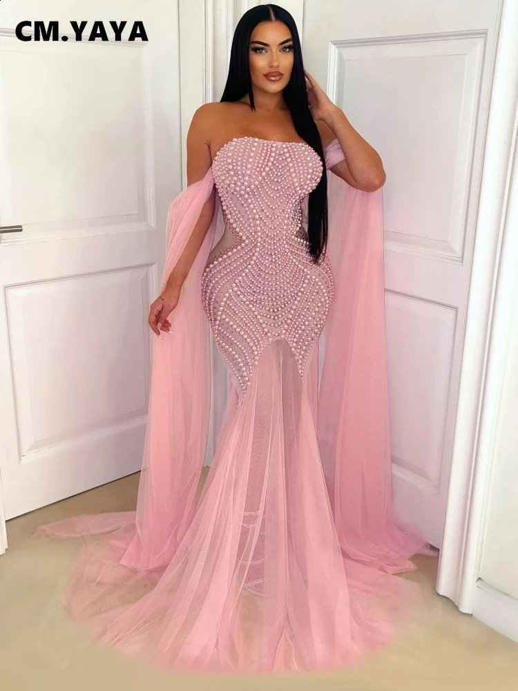 CM.YAYA womens pearl strapless mesh see through long skirt without back 2024 summer street Maxi party evening mermaid dress Vestido 241017