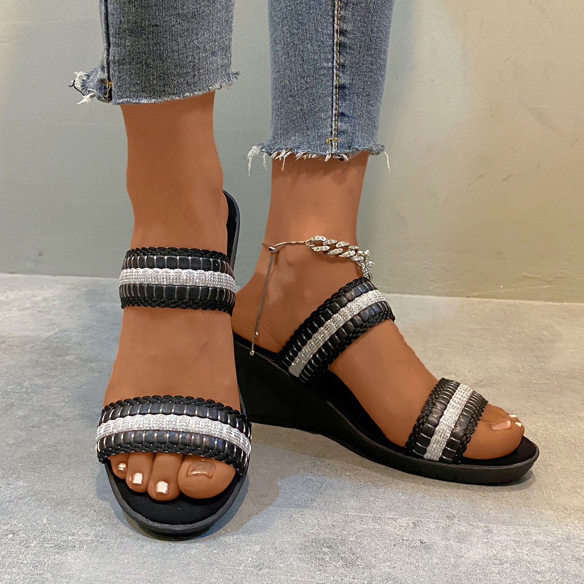 Summer Flip Flops Wedge Slippers Fashion Platform Open Toe Wedges Sandals Strap Crystal Shoes For Women Plus Size Ddmythur