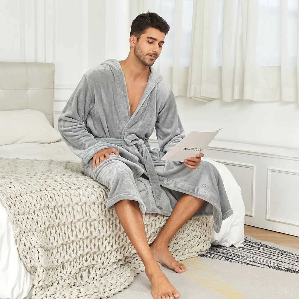 Solid Color Hooded Kimono Shower Robe for Men Autumn Winter Warm Shower Bathrobe Gown Soft Home Clothes with Pocket NightgownXJ241018
