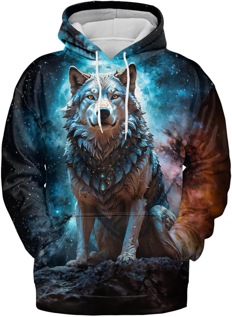 Hoodie for Mens Womens Wolf Hoodies For Men 3D Print Three Wolf Moon Adults Wolves Face Hooded Galaxy Sweatshirt Wolf Graphic Hoodies sweatshirt Warm